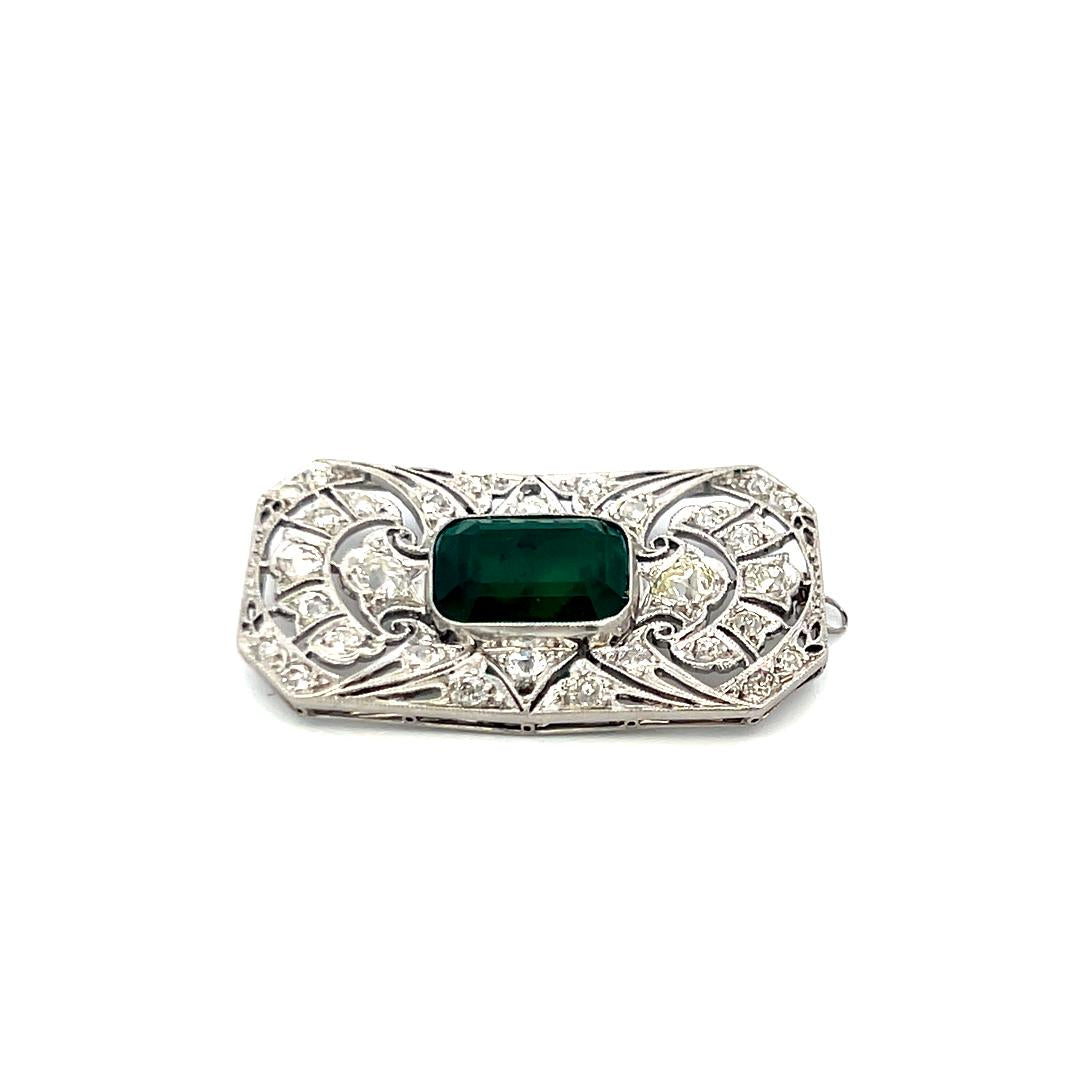 Platinum Pin Brooch with 0.74ct Old European Diamonds and 5ct Synthetic Emerald