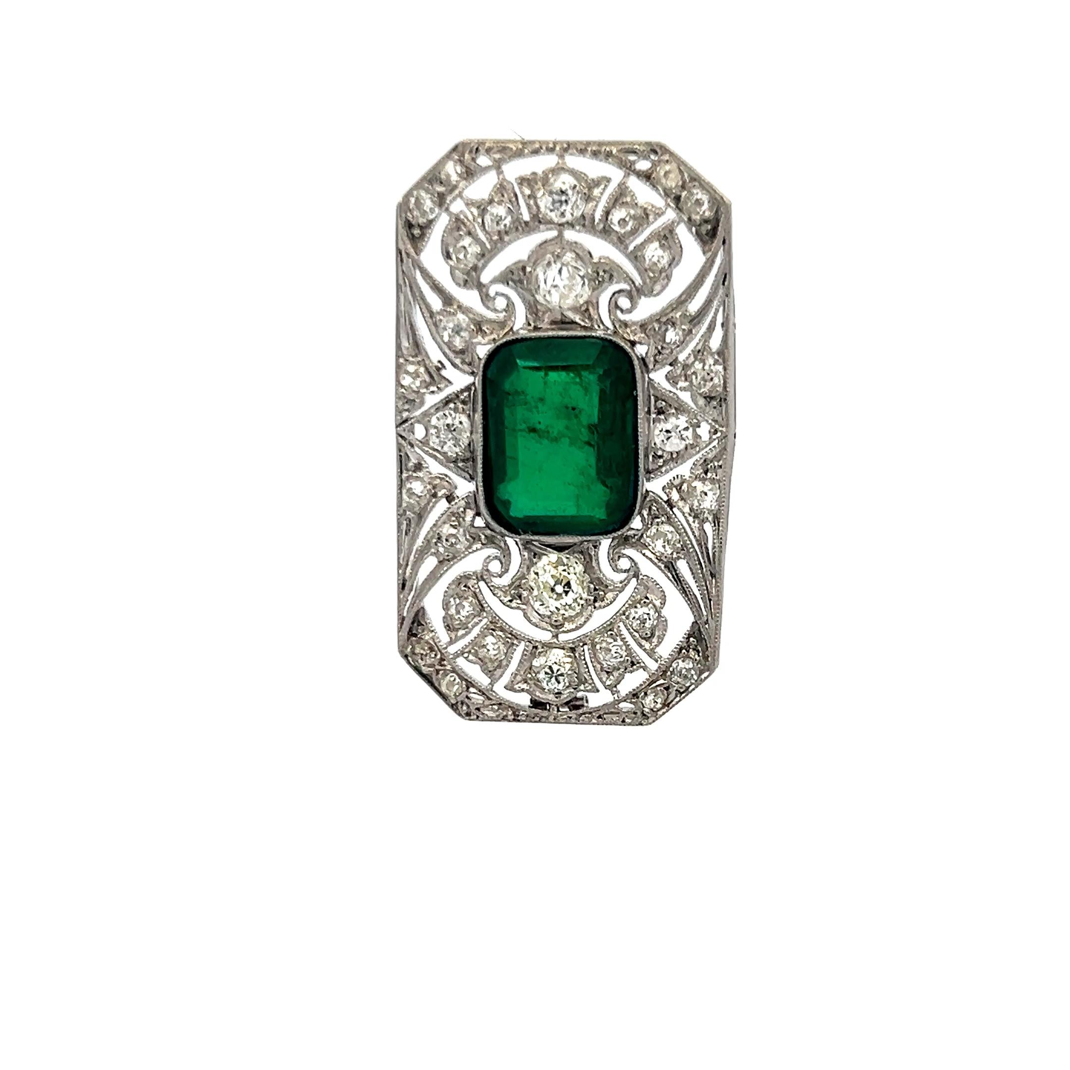 Platinum Pin Brooch with 0.74ct Old European Diamonds and 5ct Synthetic Emerald