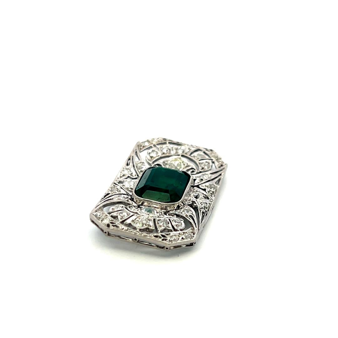 Platinum Pin Brooch with 0.74ct Old European Diamonds and 5ct Synthetic Emerald