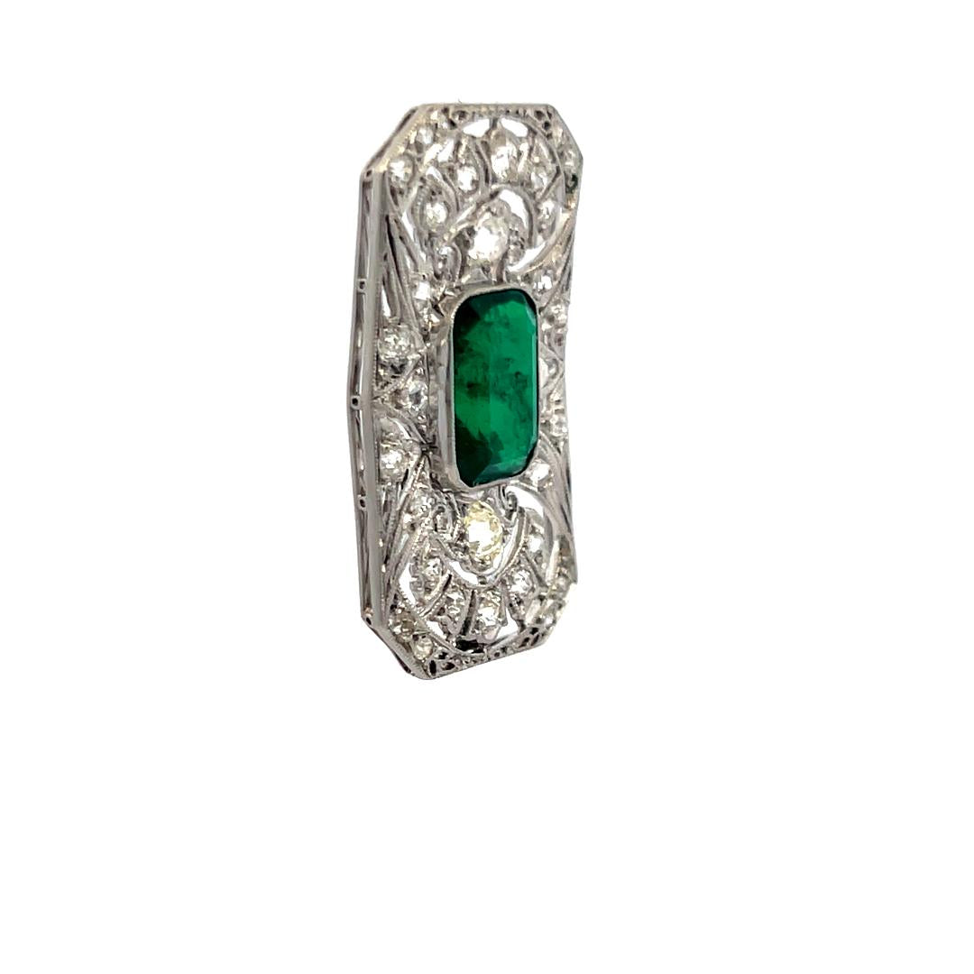 Platinum Pin Brooch with 0.74ct Old European Diamonds and 5ct Synthetic Emerald