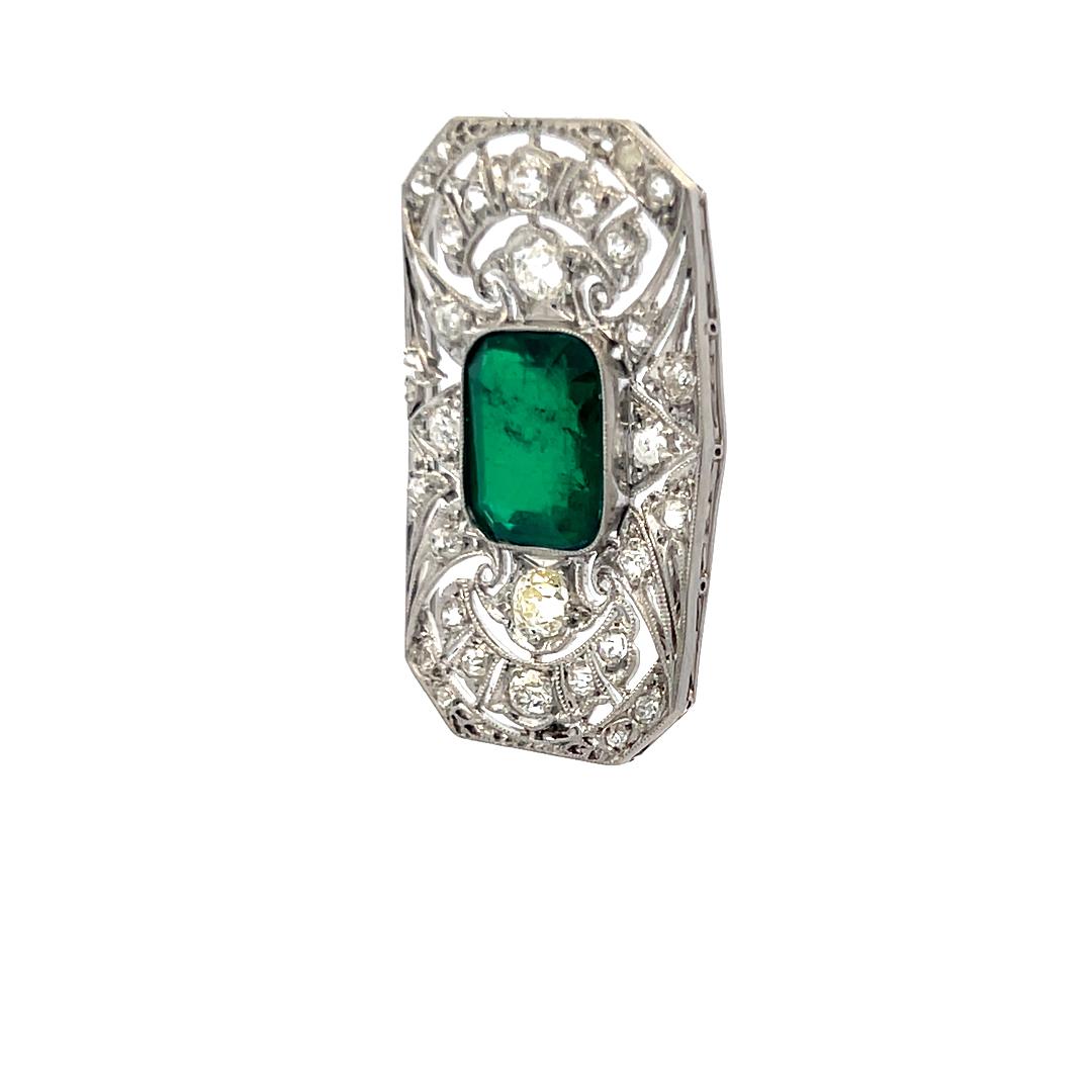 Platinum Pin Brooch with 0.74ct Old European Diamonds and 5ct Synthetic Emerald