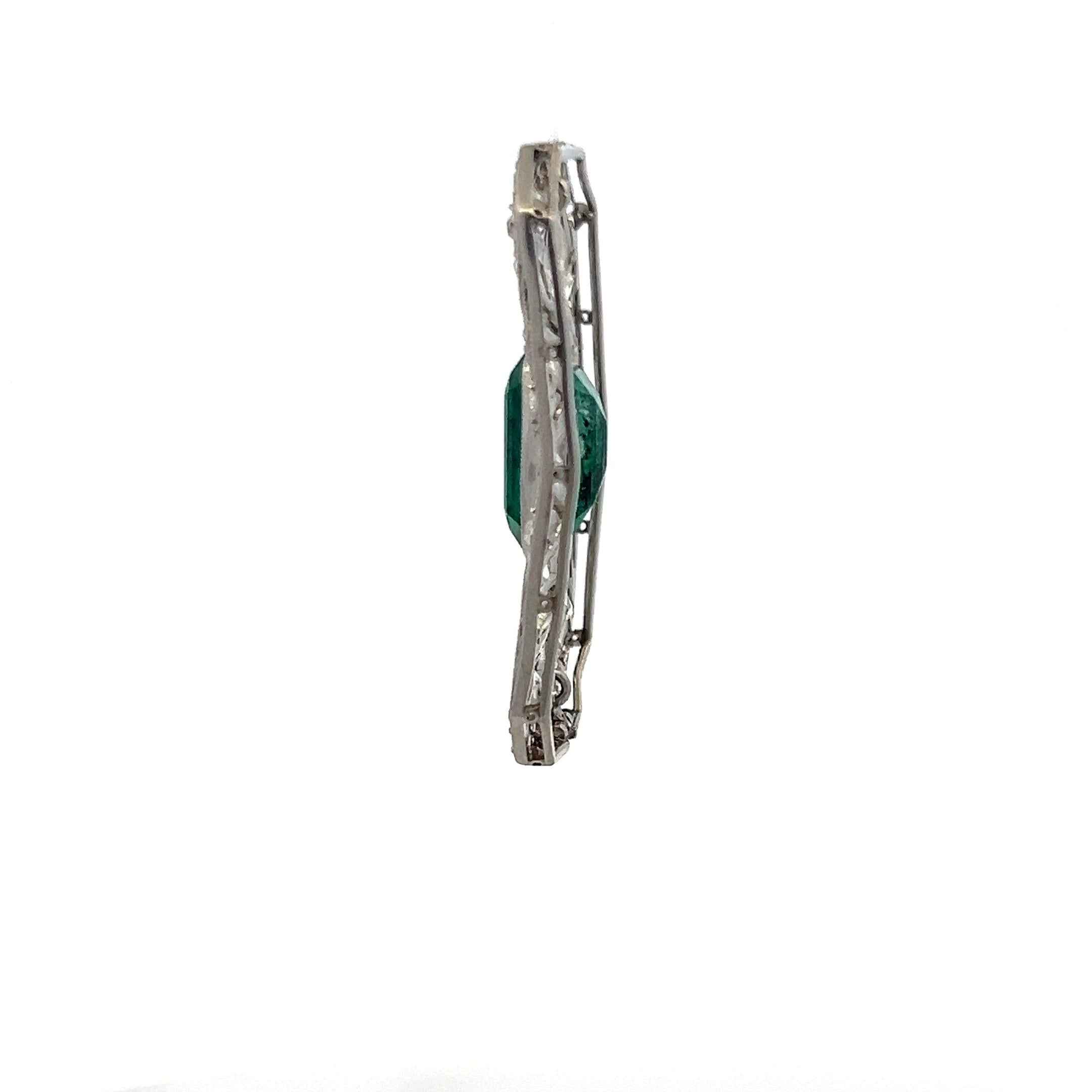 Platinum Pin Brooch with 0.74ct Old European Diamonds and 5ct Synthetic Emerald