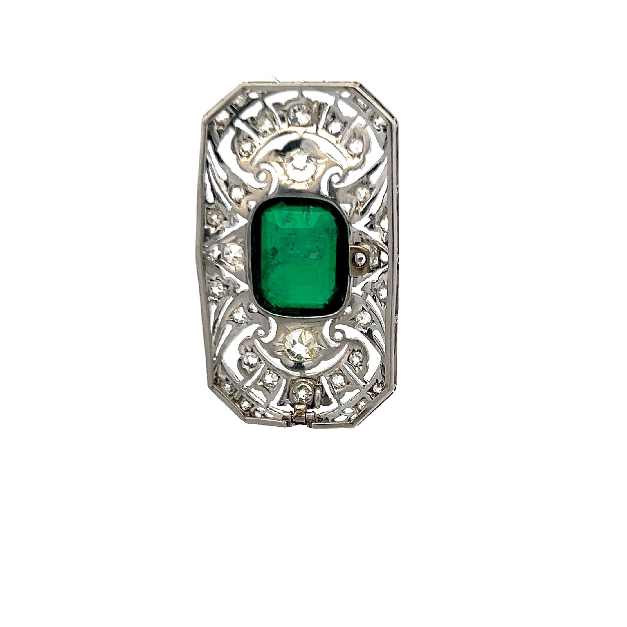 Platinum Pin Brooch with 0.74ct Old European Diamonds and 5ct Synthetic Emerald