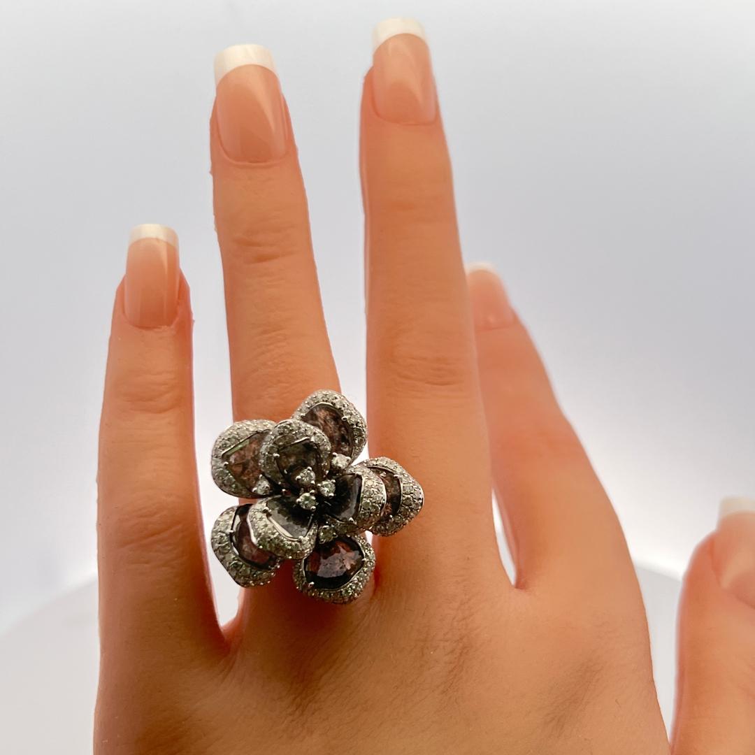 10.75ct Round Brilliant Diamond Flower Cocktail Ring in 18K White Gold (G SI)