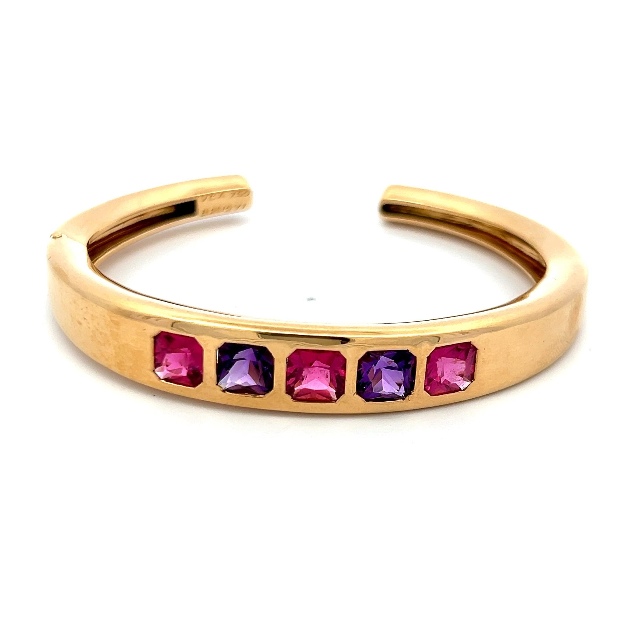 Van Cleef & Arpels Multi-Gem Cushion Cut 18K Yellow Gold Cuff Bracelet