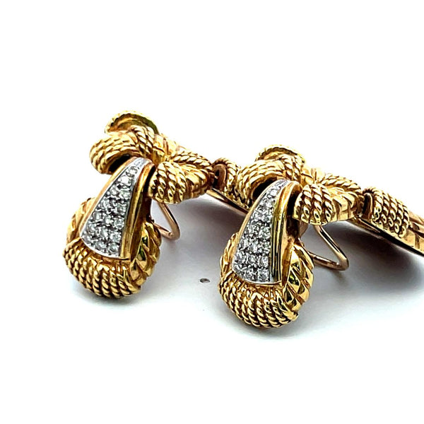 Vintage 0.36ct Round Brilliant Diamond 18K Yellow Gold Textured Drop Earrings