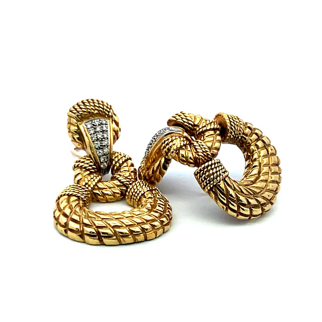 Vintage 0.36ct Round Brilliant Diamond 18K Yellow Gold Textured Drop Earrings