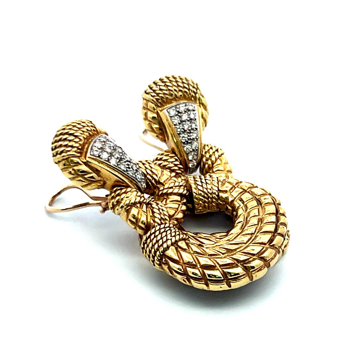 Vintage 0.36ct Round Brilliant Diamond 18K Yellow Gold Textured Drop Earrings