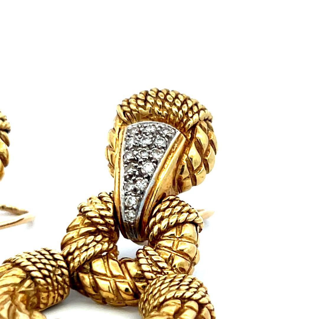 Vintage 0.36ct Round Brilliant Diamond 18K Yellow Gold Textured Drop Earrings