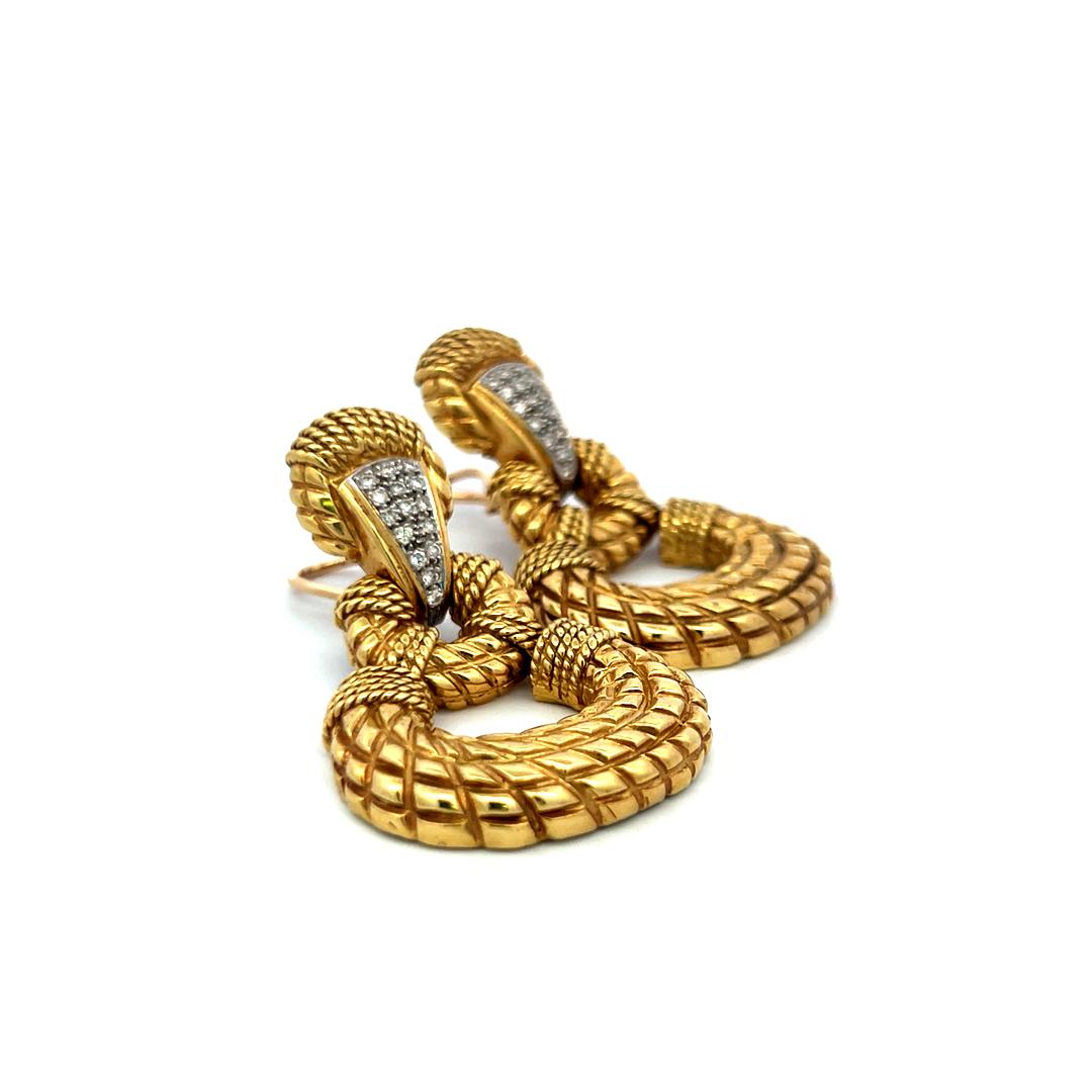 Vintage 0.36ct Round Brilliant Diamond 18K Yellow Gold Textured Drop Earrings