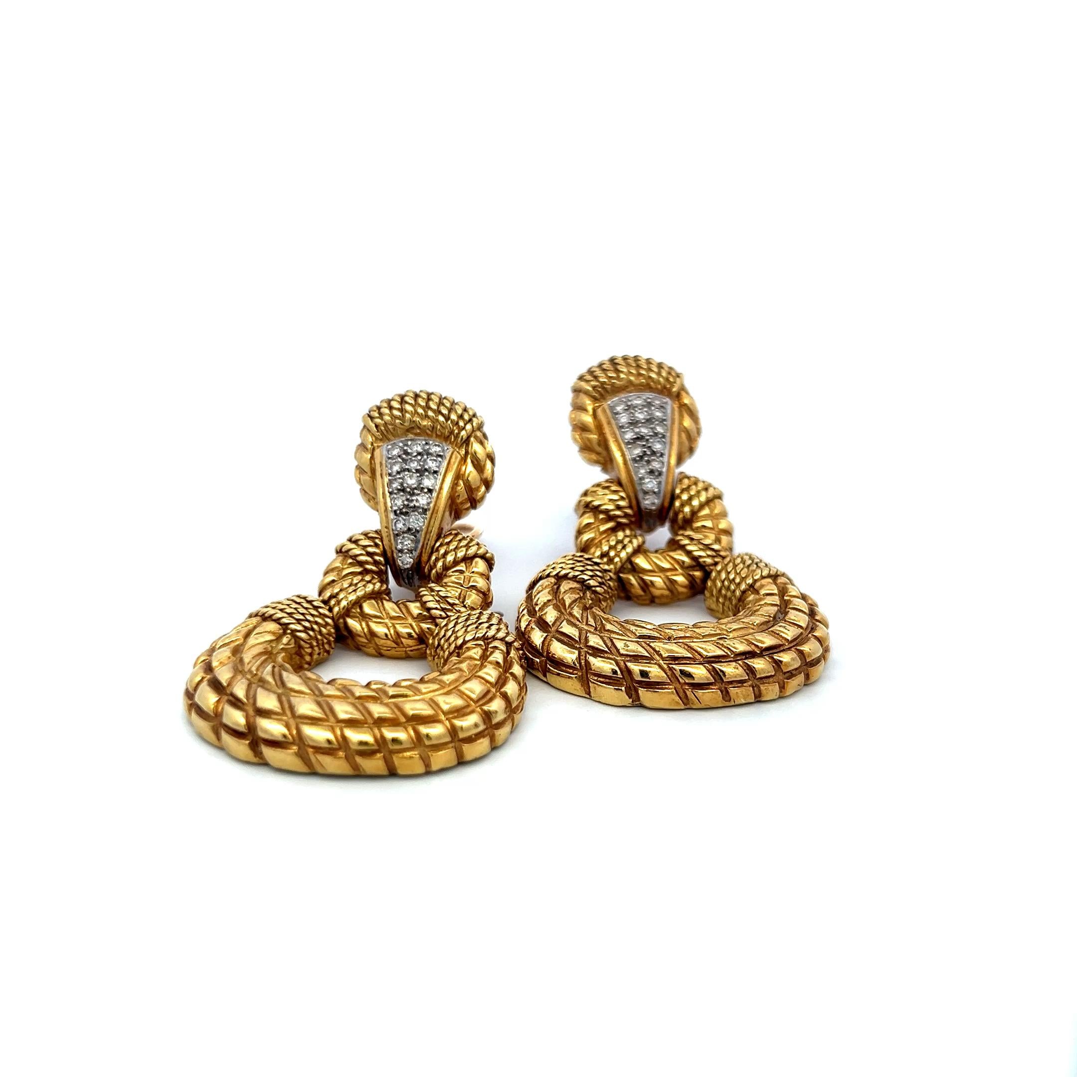 Vintage 0.36ct Round Brilliant Diamond 18K Yellow Gold Textured Drop Earrings