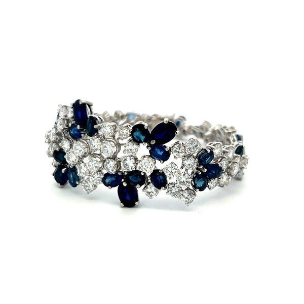 8.70ct Diamond & 8.00ct Sapphire 18K White Gold Vintage Floral Link Bracelet