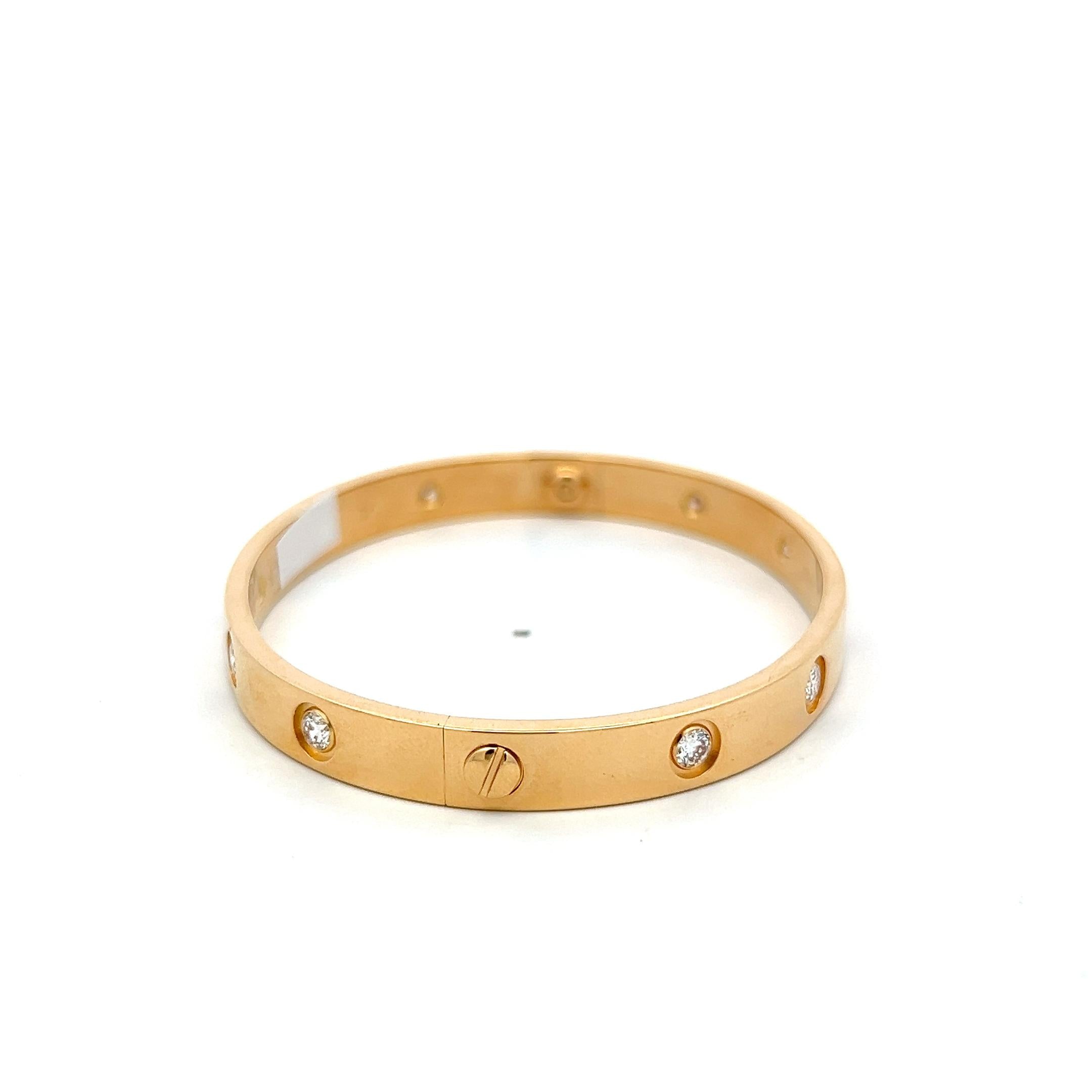 Cartier 18 Karat Yellow Gold Love Bracelet 0.96 Carat Round Diamonds Size 17