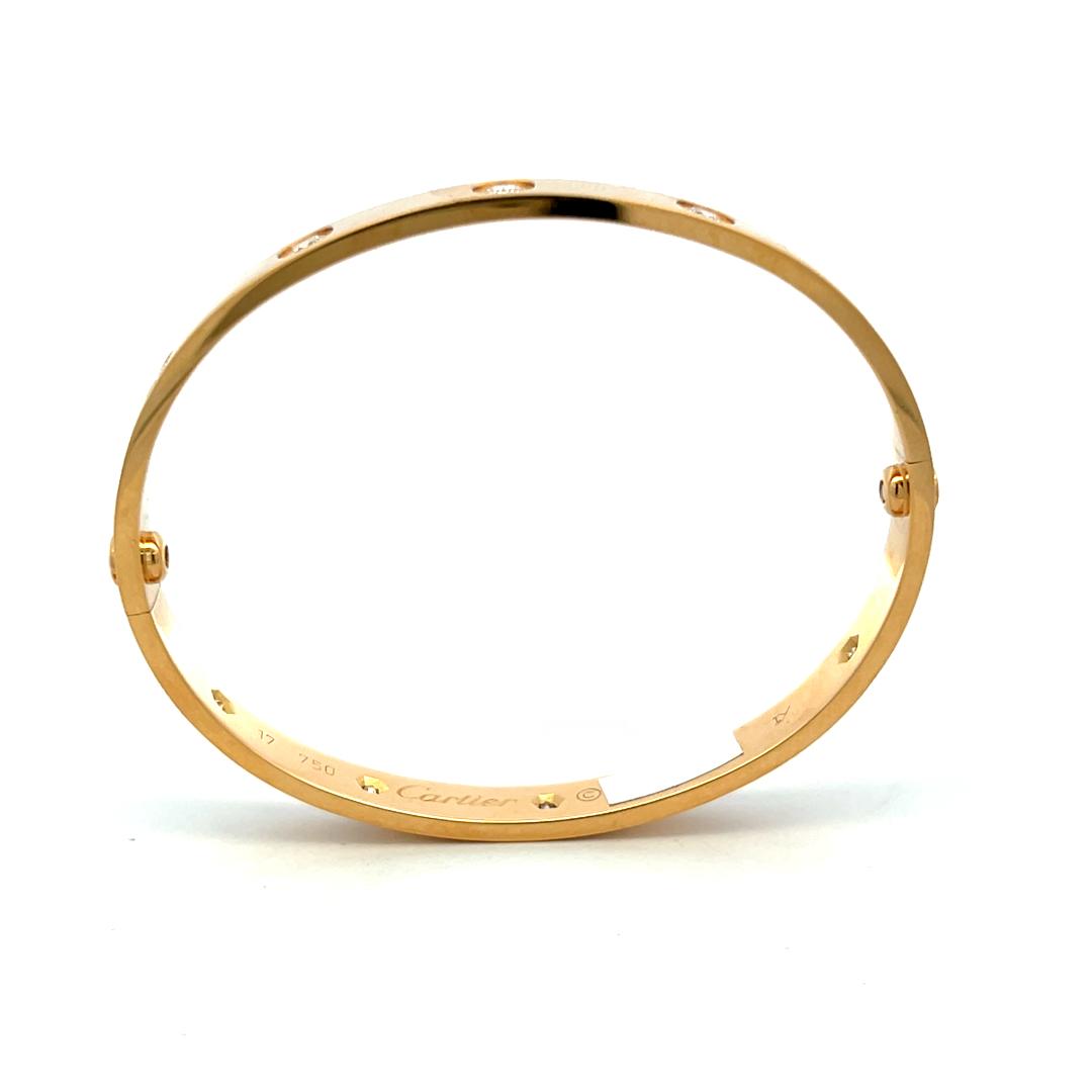 Cartier 18 Karat Yellow Gold Love Bracelet 0.96 Carat Round Diamonds Size 17