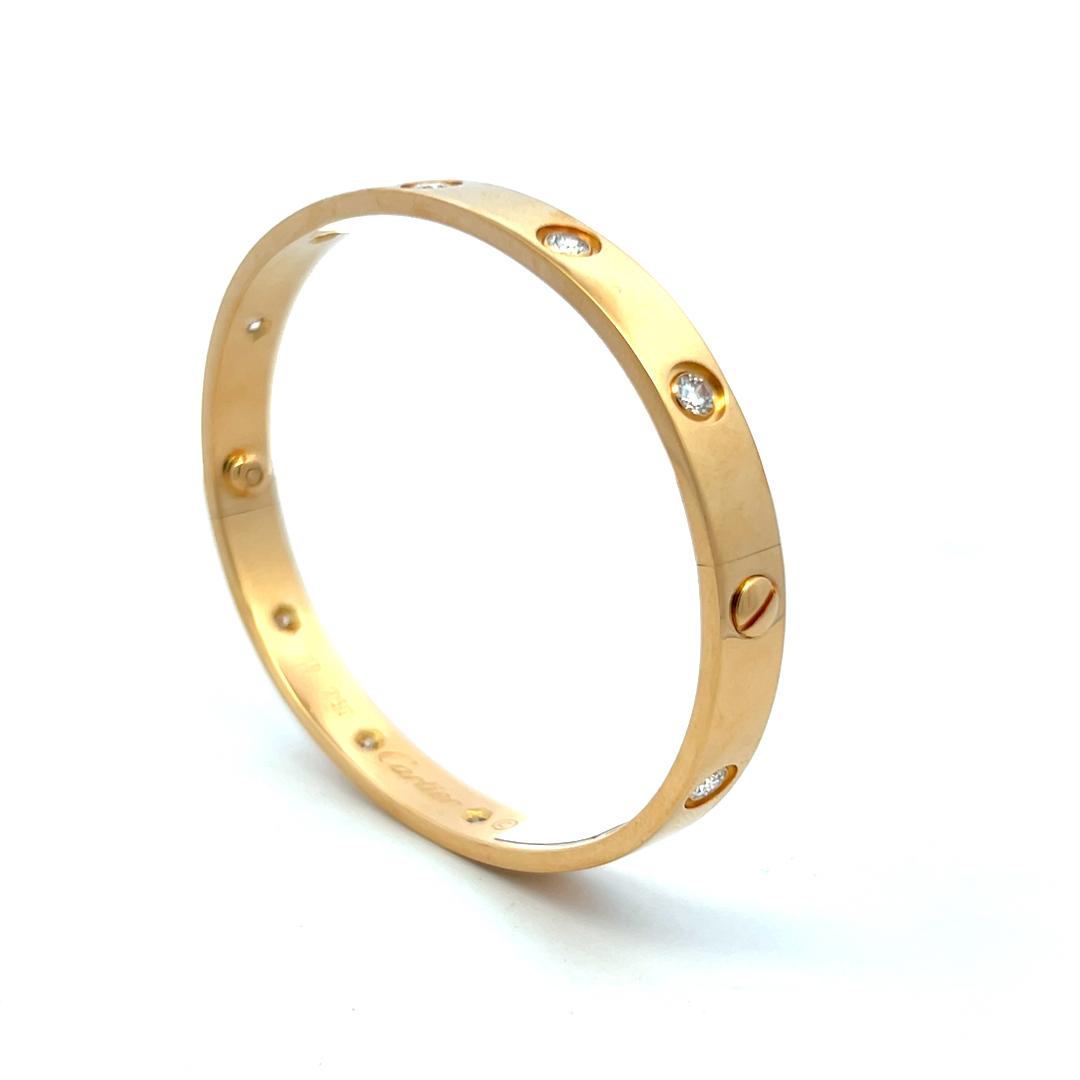 Cartier 18 Karat Yellow Gold Love Bracelet 0.96 Carat Round Diamonds Size 17