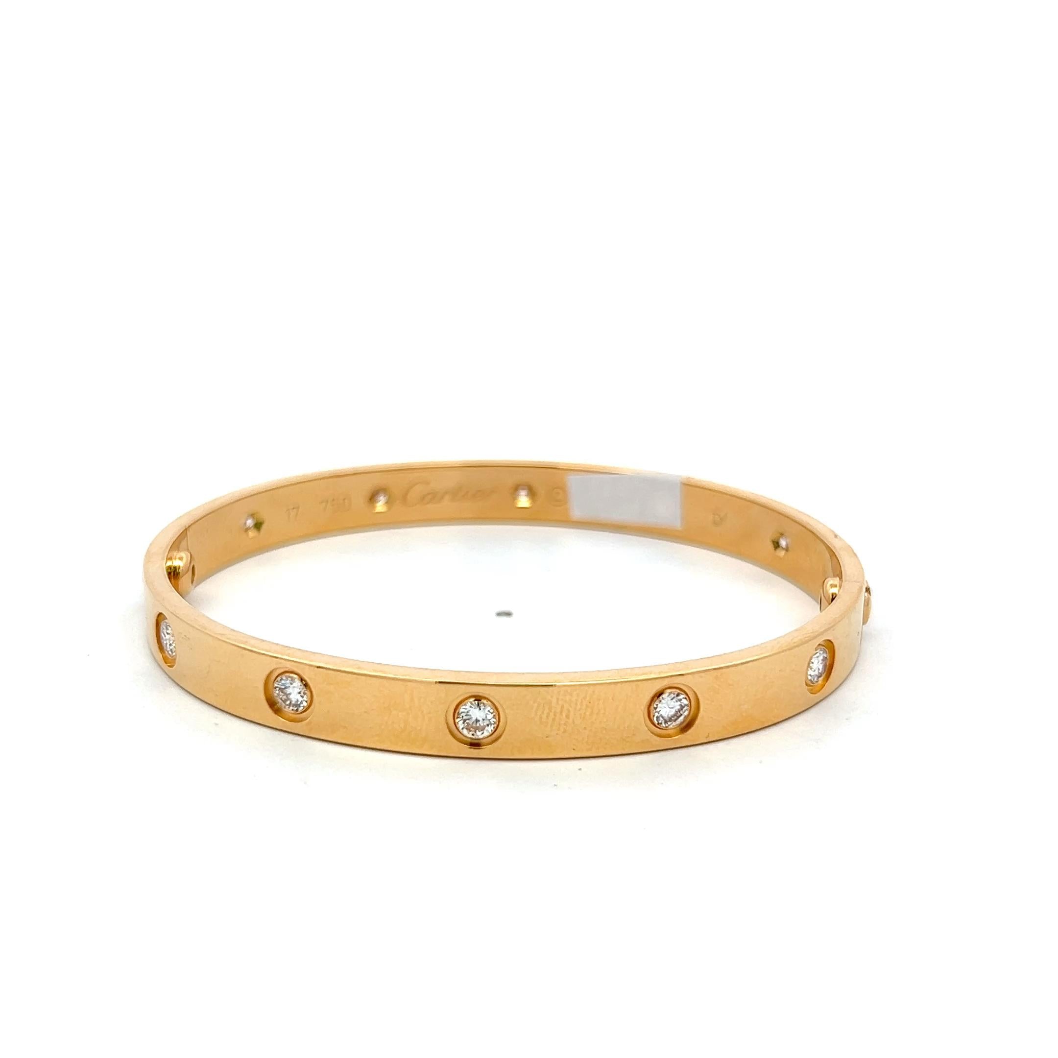 Cartier 18 Karat Yellow Gold Love Bracelet 0.96 Carat Round Diamonds Size 17