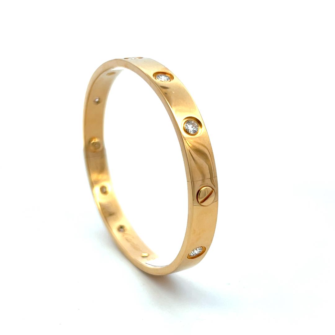 Cartier 18 Karat Yellow Gold Love Bracelet 0.96 Carat Round Diamonds Size 17