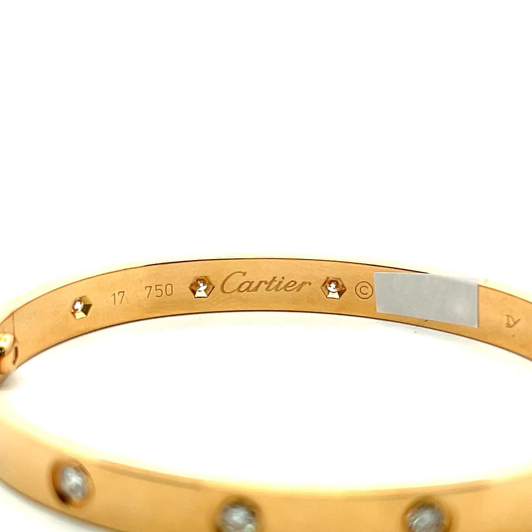 Cartier 18 Karat Yellow Gold Love Bracelet 0.96 Carat Round Diamonds Size 17