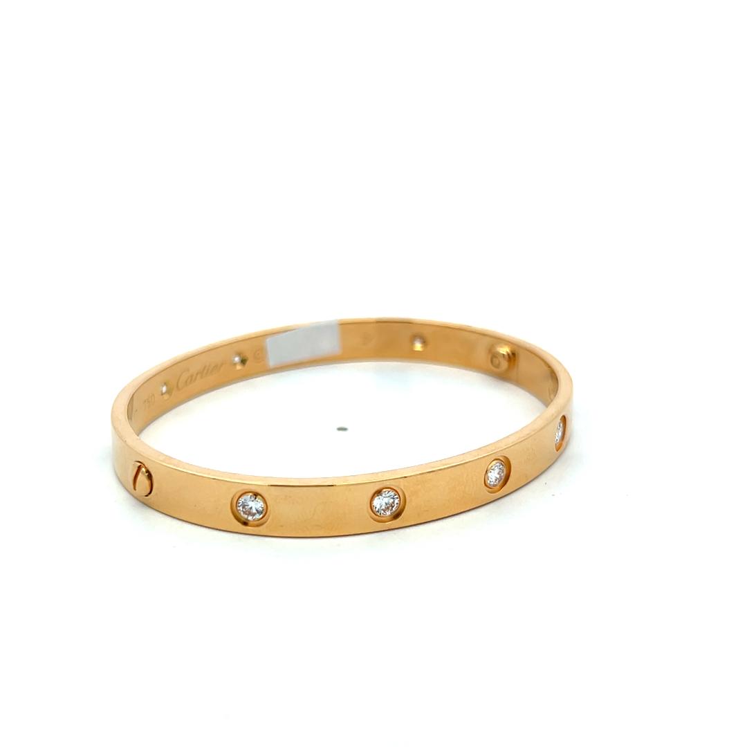 Cartier 18 Karat Yellow Gold Love Bracelet 0.96 Carat Round Diamonds Size 17