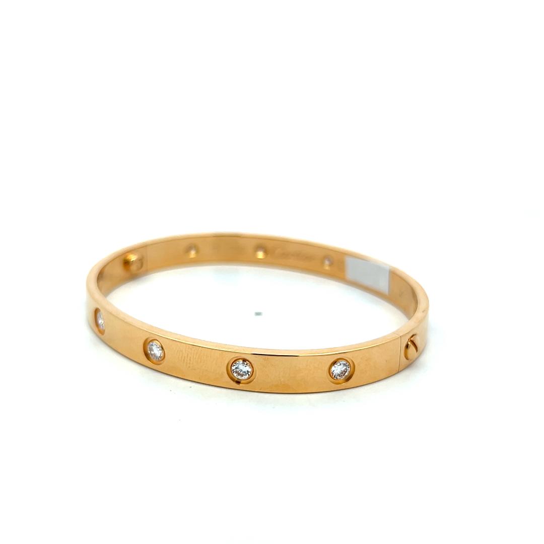 Cartier 18 Karat Yellow Gold Love Bracelet 0.96 Carat Round Diamonds Size 17