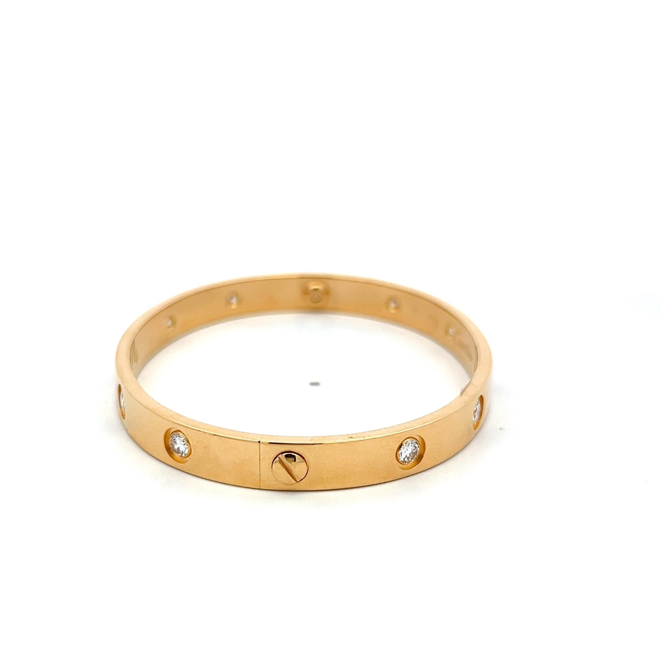 Cartier 18 Karat Yellow Gold Love Bracelet 0.96 Carat Round Diamonds Size 17