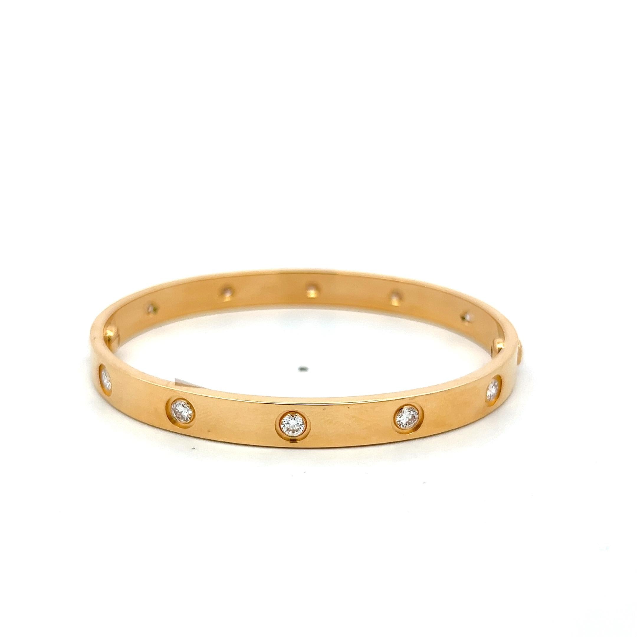 Cartier 18 Karat Yellow Gold Love Bracelet 0.96 Carat Round Diamonds Size 17