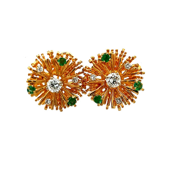 1.44 Carat Diamond and Emerald 18K Yellow Gold Vintage Sunburst Clip-On Earrings