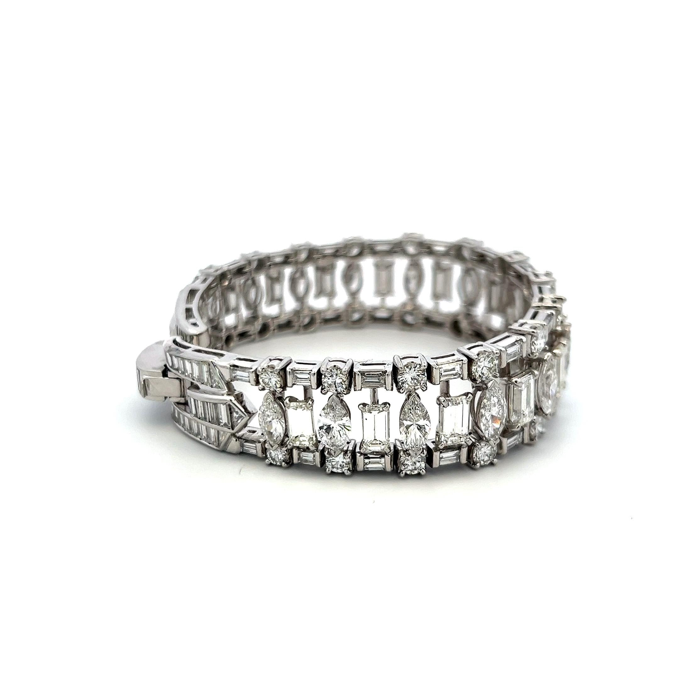 32.00ct Diamond Platinum Wide Bracelet with Emerald, Marquise, Baguette & Round