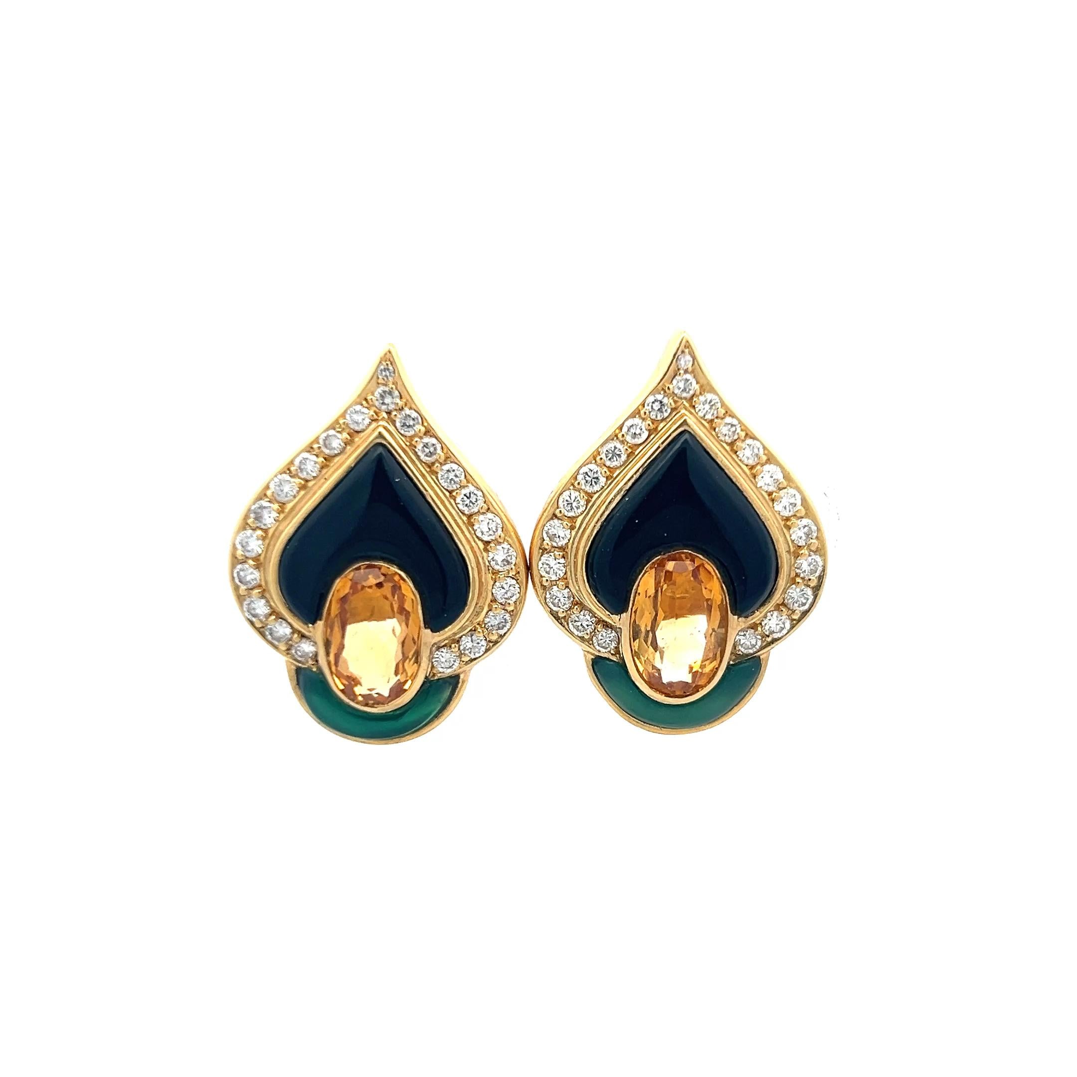 18K Yellow Gold Clip-On Earrings with 1.3 Carat Round Diamonds & 7 Carat Citrine