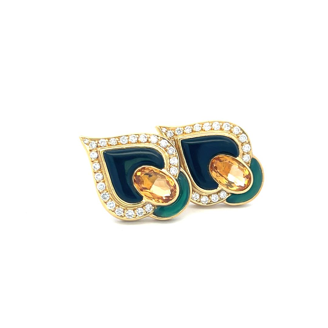 18K Yellow Gold Clip-On Earrings with 1.3 Carat Round Diamonds & 7 Carat Citrine