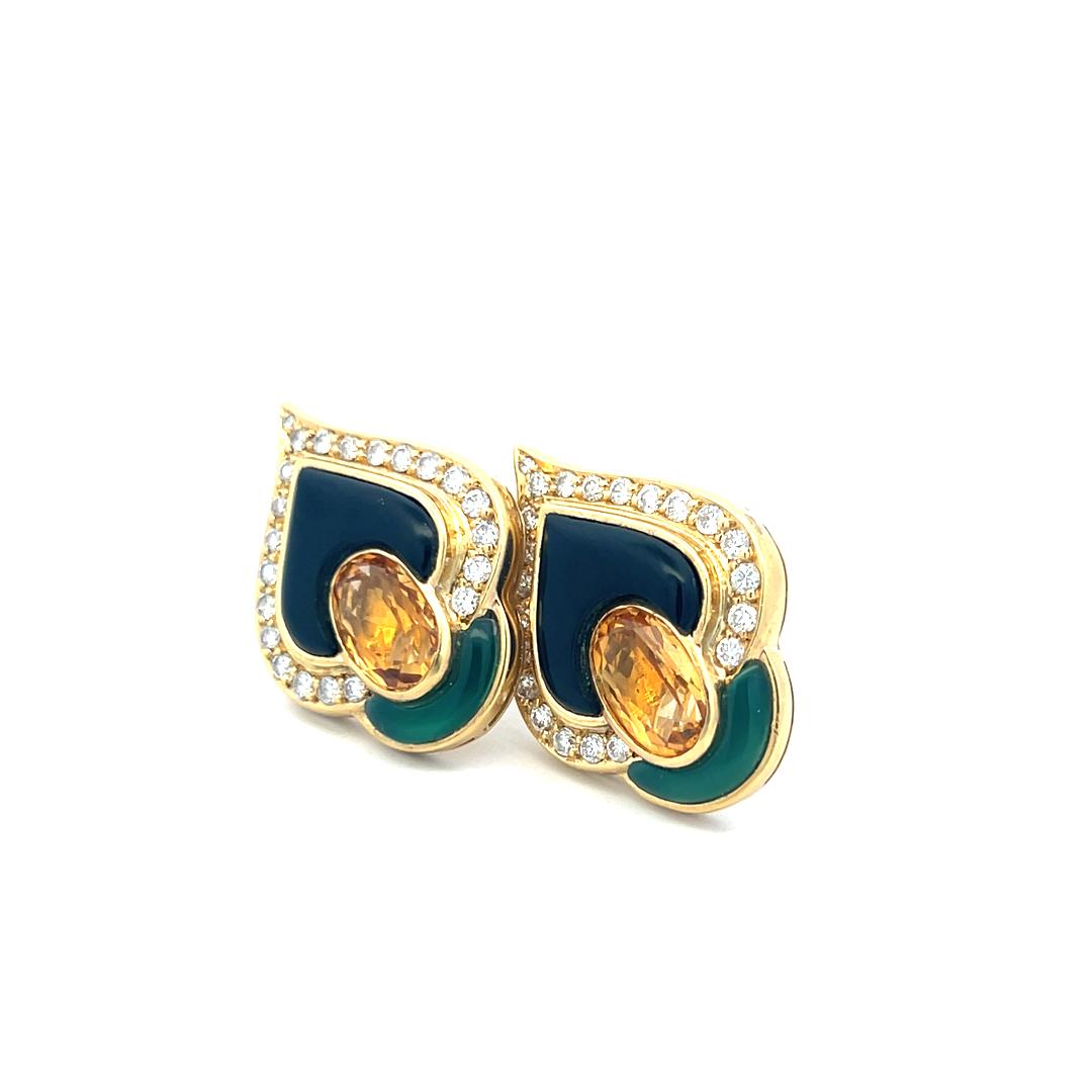 18K Yellow Gold Clip-On Earrings with 1.3 Carat Round Diamonds & 7 Carat Citrine