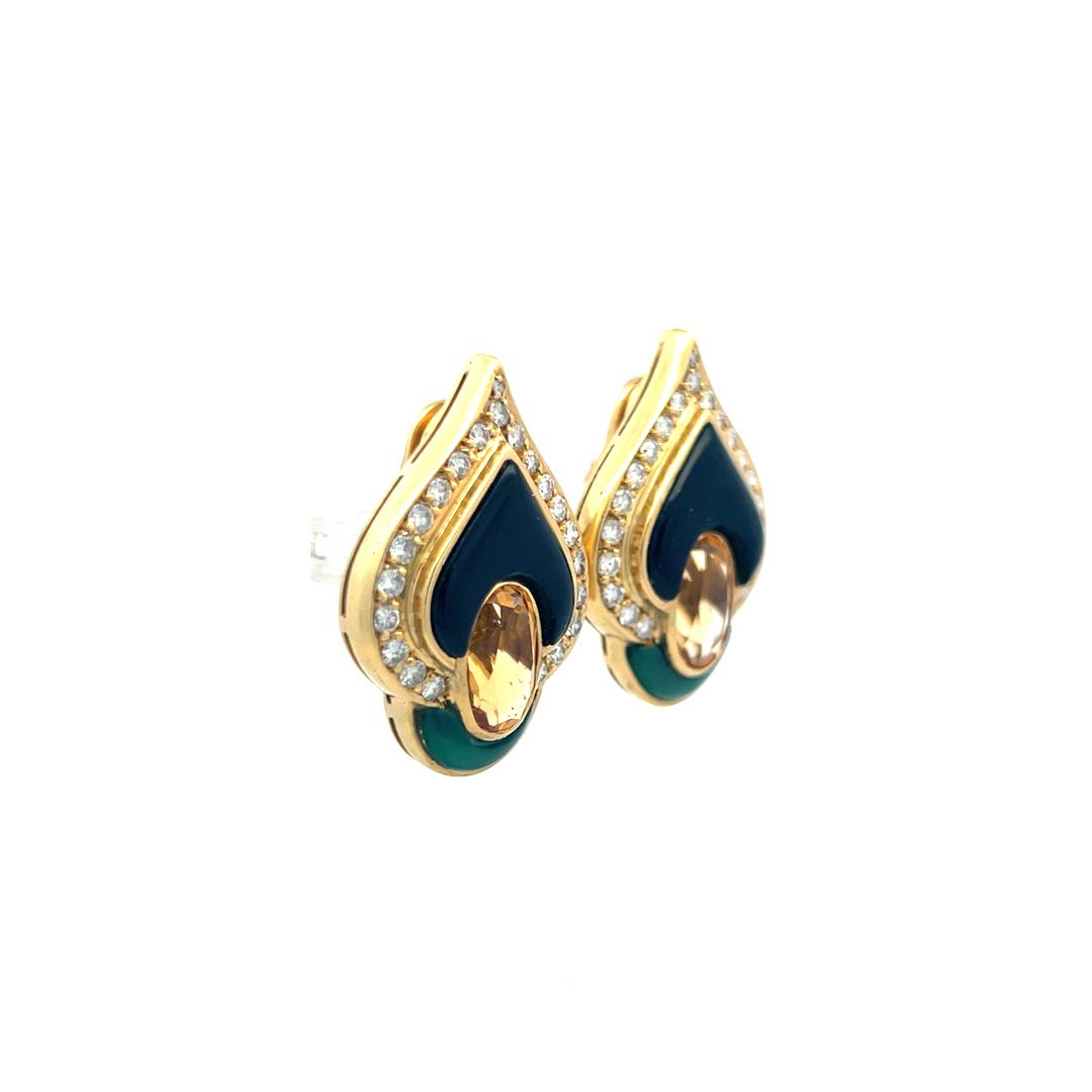 18K Yellow Gold Clip-On Earrings with 1.3 Carat Round Diamonds & 7 Carat Citrine