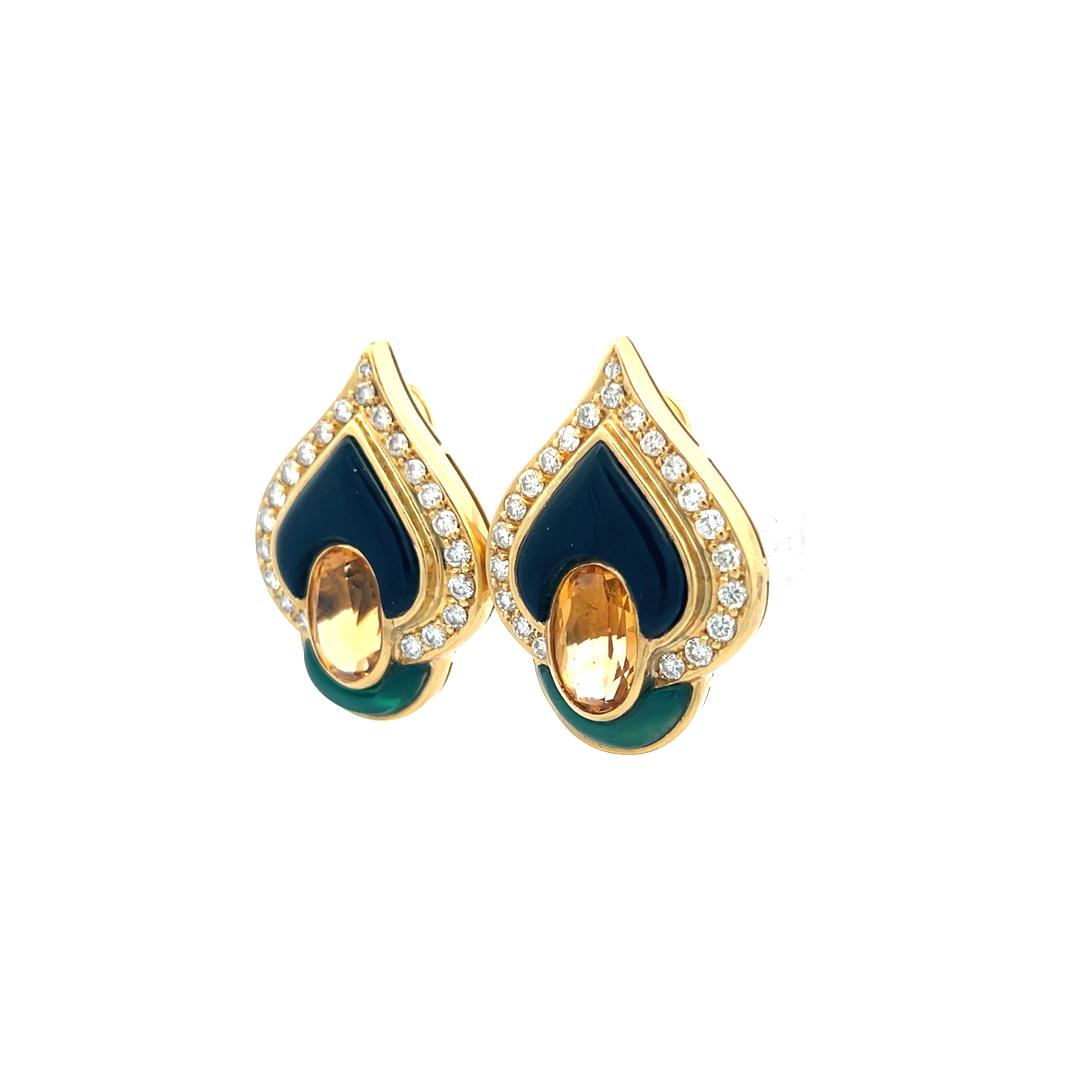 18K Yellow Gold Clip-On Earrings with 1.3 Carat Round Diamonds & 7 Carat Citrine