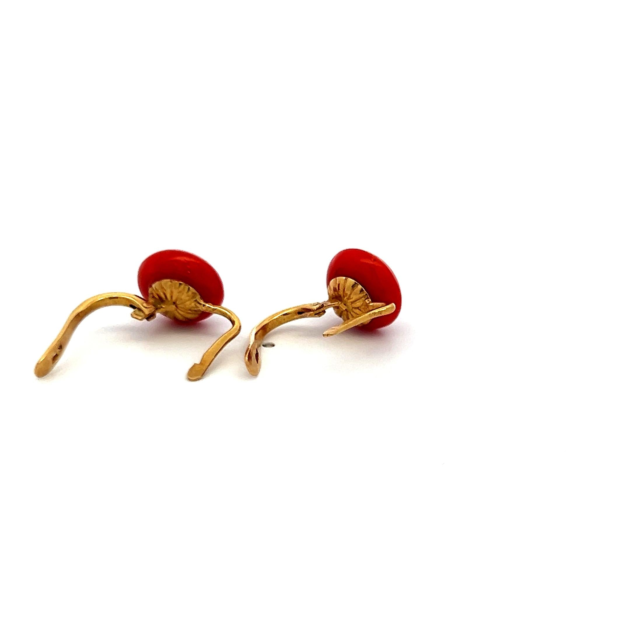 Estate 18K Yellow Gold Leverback Earrings with 10.5-10.8 MM Coral Gemstone
