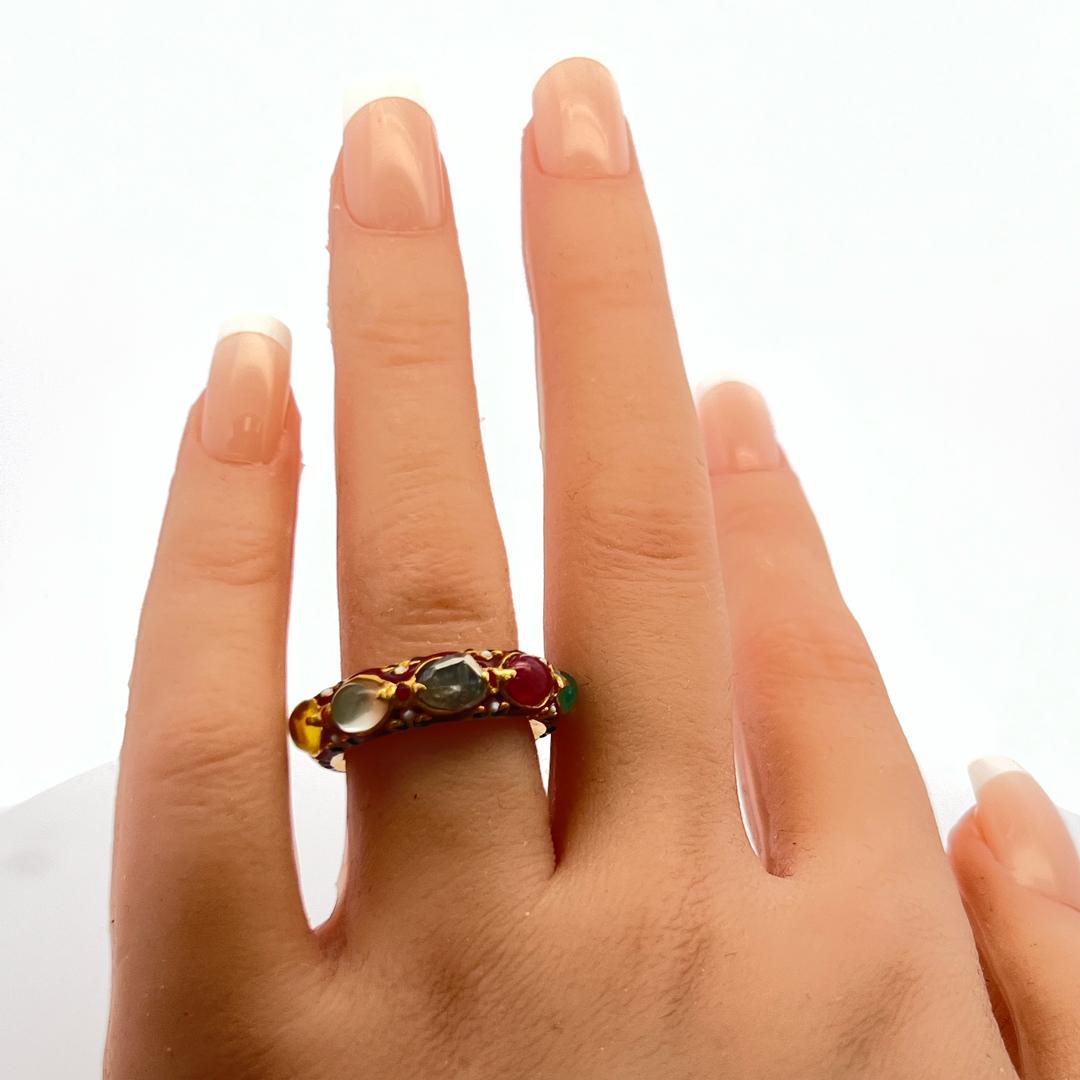Multi-Gemstone & Diamond 18K Yellow Gold Enamel Band Ring