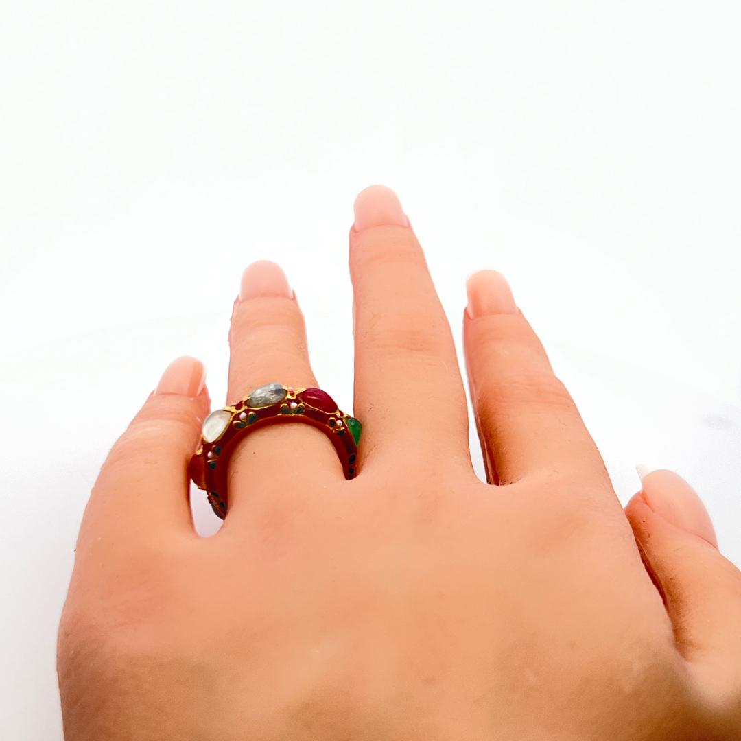 Multi-Gemstone & Diamond 18K Yellow Gold Enamel Band Ring