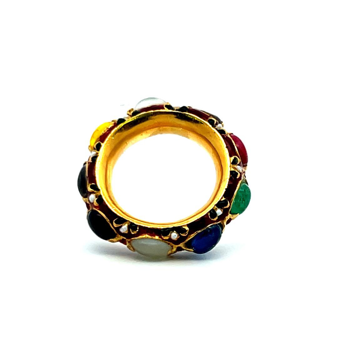 Multi-Gemstone & Diamond 18K Yellow Gold Enamel Band Ring