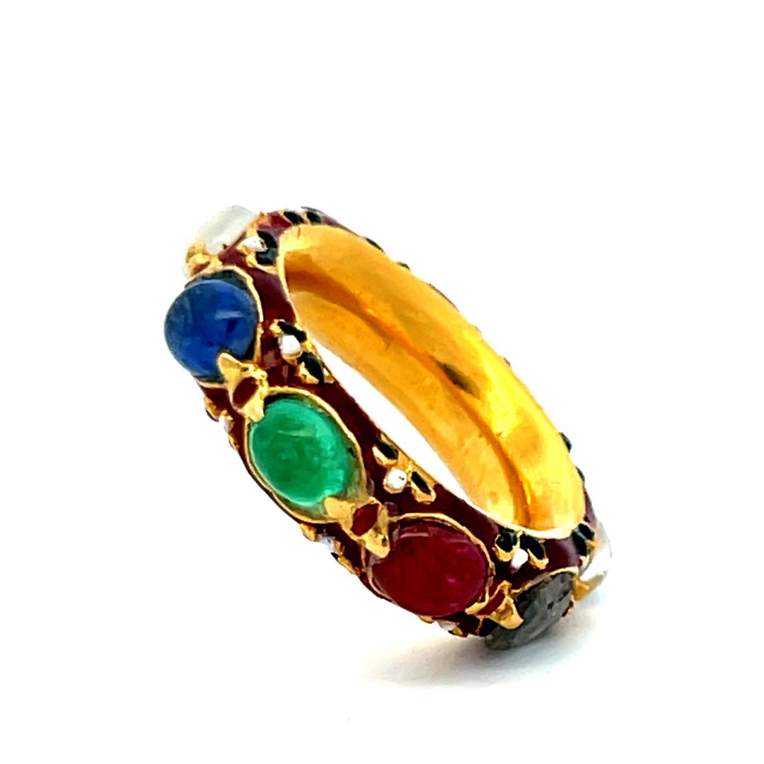 Multi-Gemstone & Diamond 18K Yellow Gold Enamel Band Ring