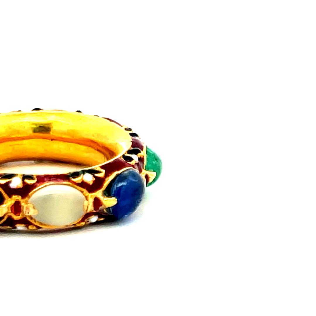 Multi-Gemstone & Diamond 18K Yellow Gold Enamel Band Ring