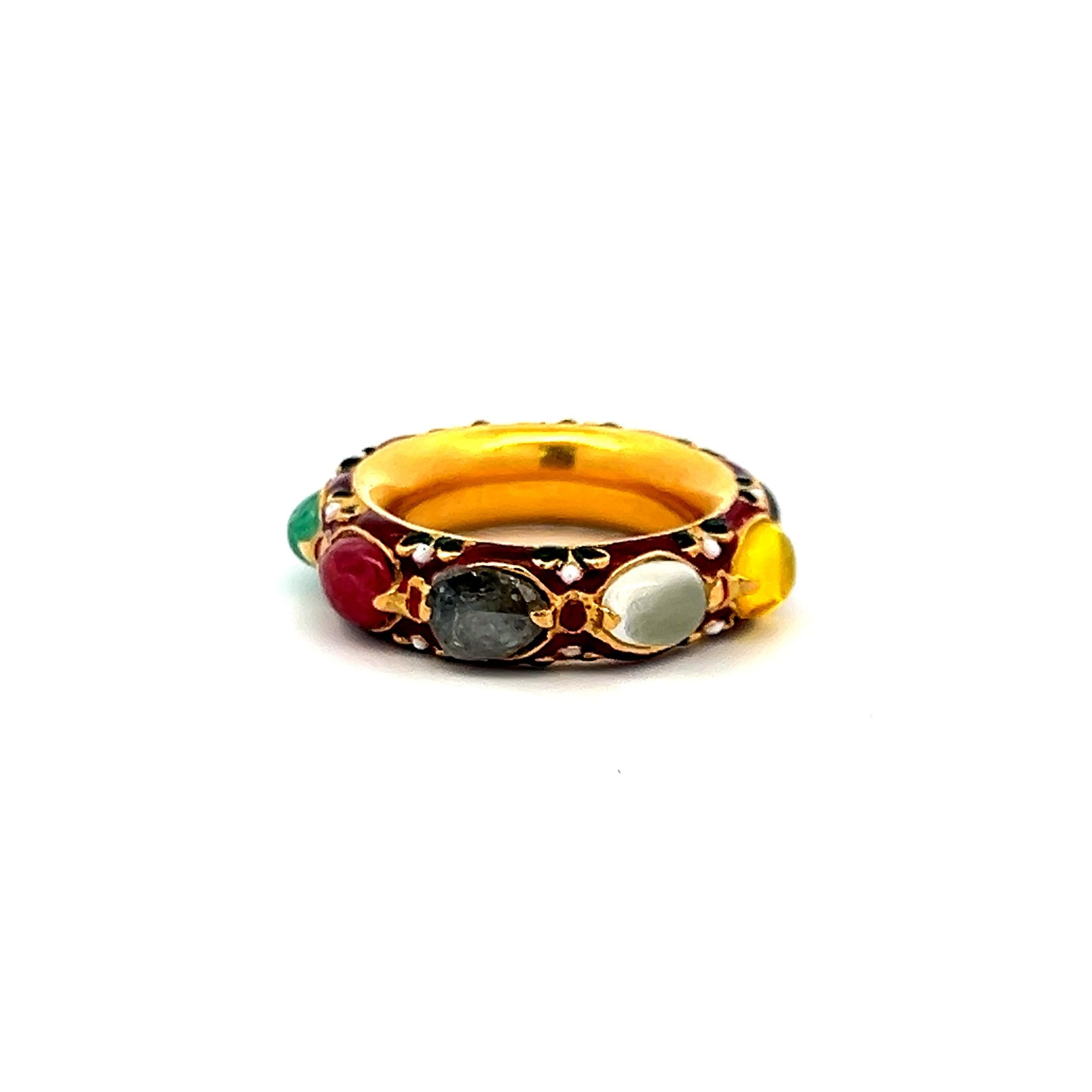 Multi-Gemstone & Diamond 18K Yellow Gold Enamel Band Ring