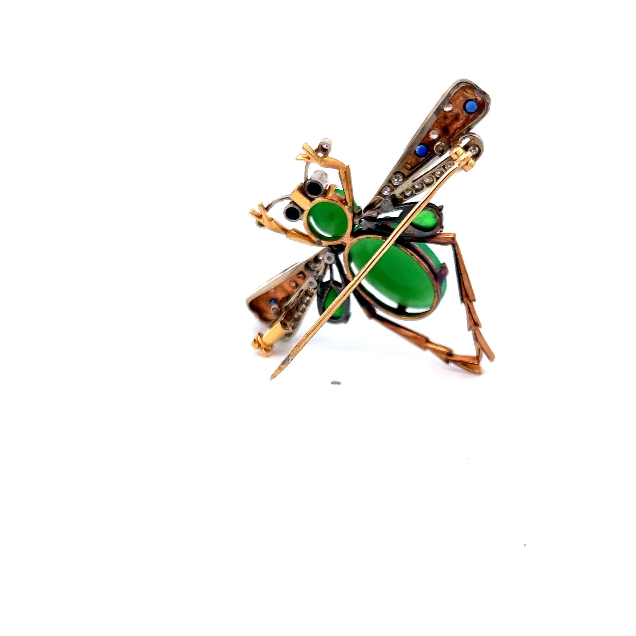 Jade, Diamond and Tanzanite 14K Yellow Gold Vintage Insect Pin Brooch