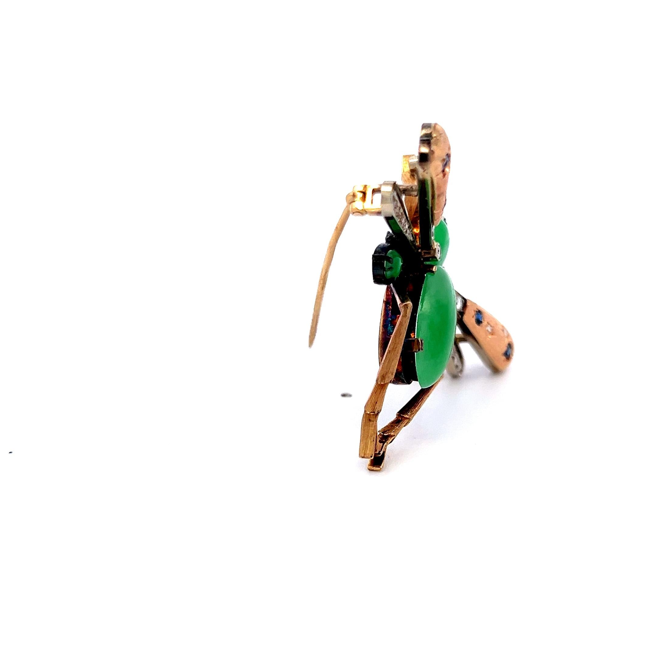 Jade, Diamond and Tanzanite 14K Yellow Gold Vintage Insect Pin Brooch