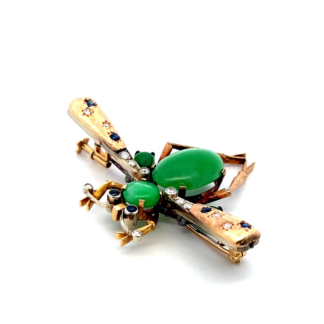 Jade, Diamond and Tanzanite 14K Yellow Gold Vintage Insect Pin Brooch
