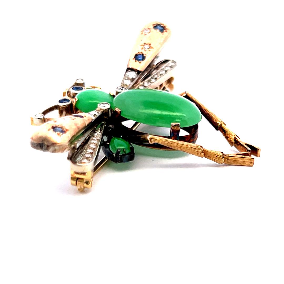 Jade, Diamond and Tanzanite 14K Yellow Gold Vintage Insect Pin Brooch