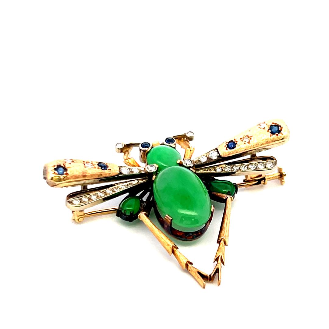 Jade, Diamond and Tanzanite 14K Yellow Gold Vintage Insect Pin Brooch