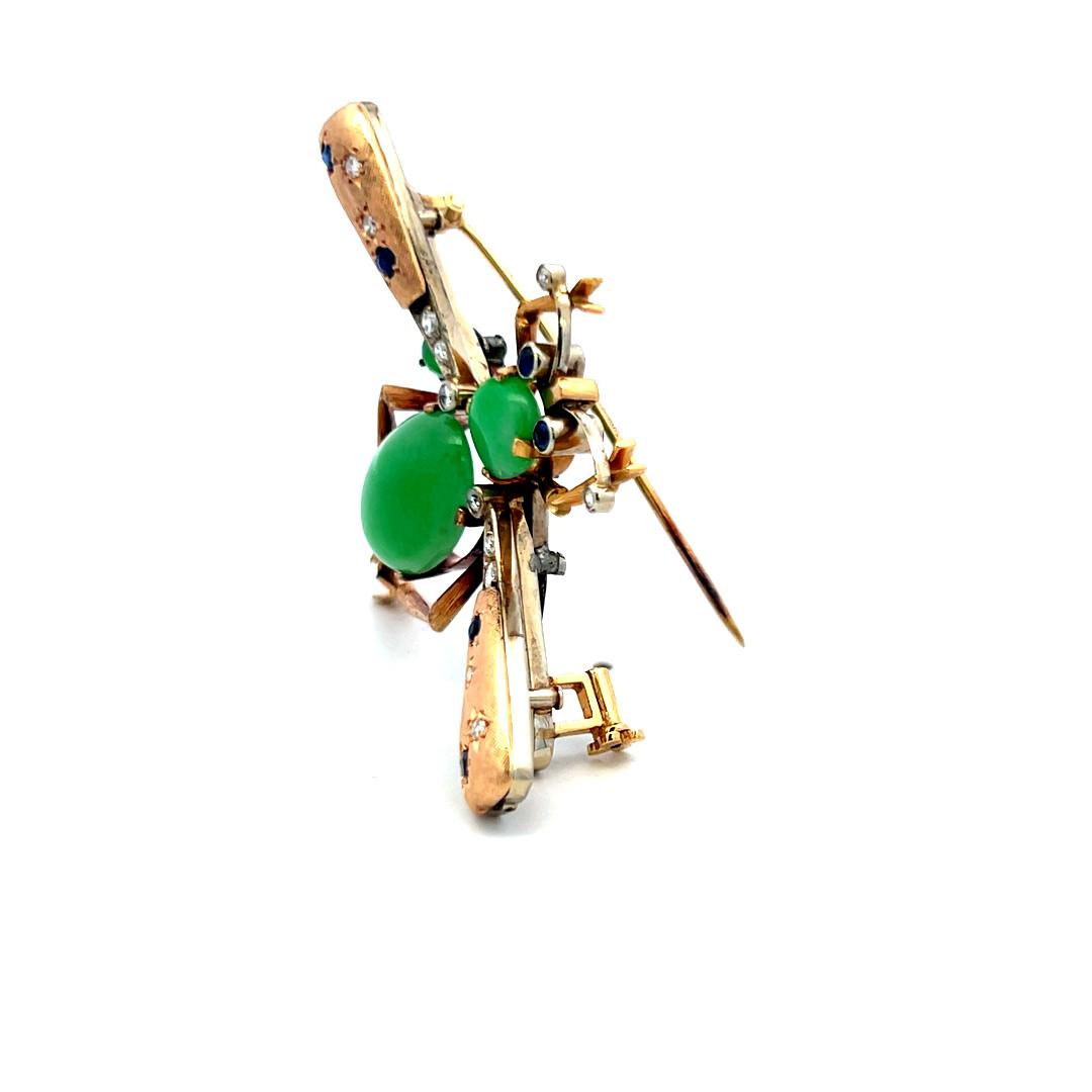 Jade, Diamond and Tanzanite 14K Yellow Gold Vintage Insect Pin Brooch