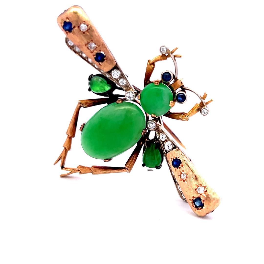 Jade, Diamond and Tanzanite 14K Yellow Gold Vintage Insect Pin Brooch