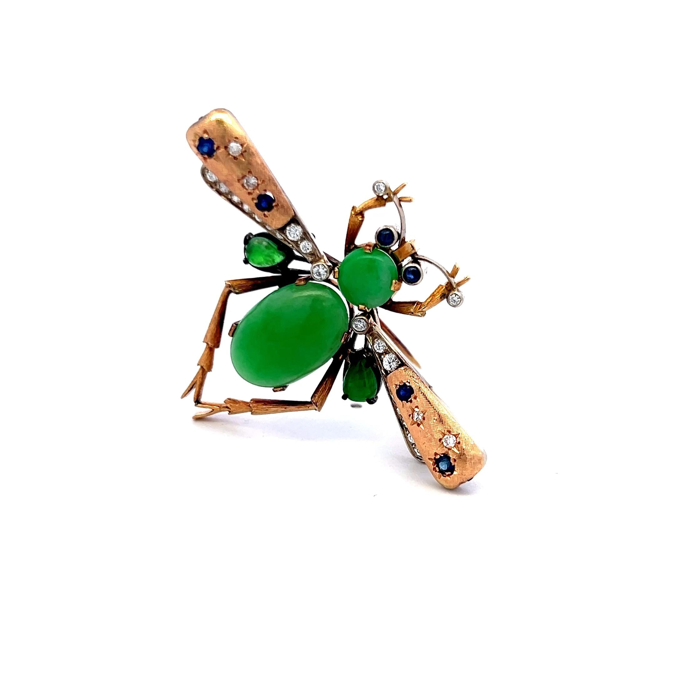 Jade, Diamond and Tanzanite 14K Yellow Gold Vintage Insect Pin Brooch