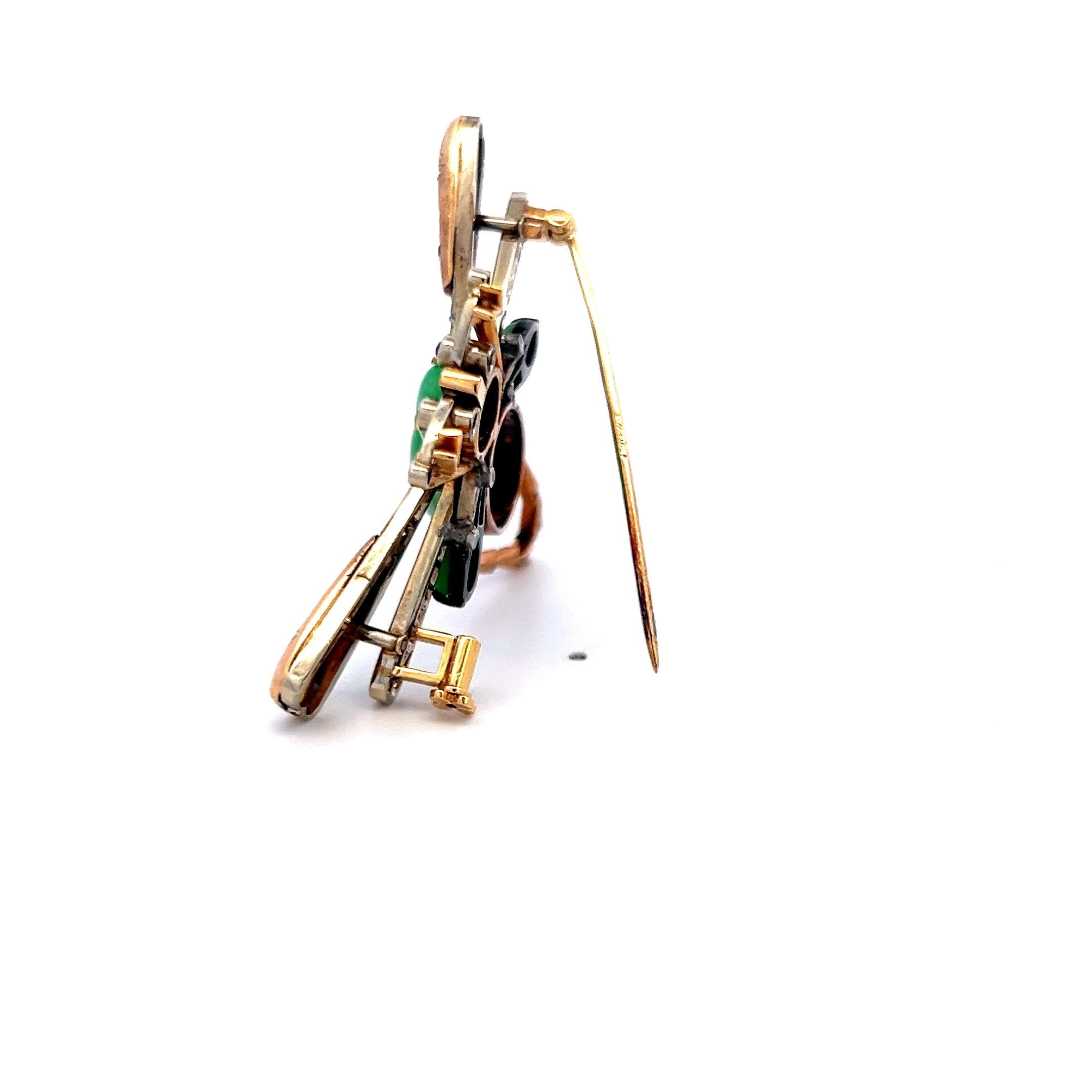 Jade, Diamond and Tanzanite 14K Yellow Gold Vintage Insect Pin Brooch