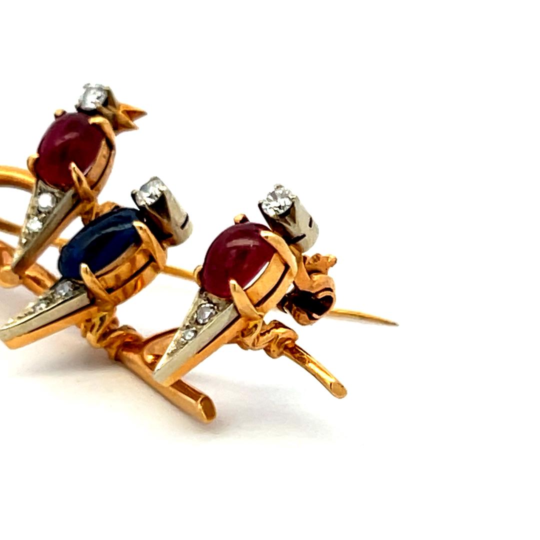 Ruby, Sapphire and Diamond 18K Yellow Gold Vintage Bird Pin Brooch